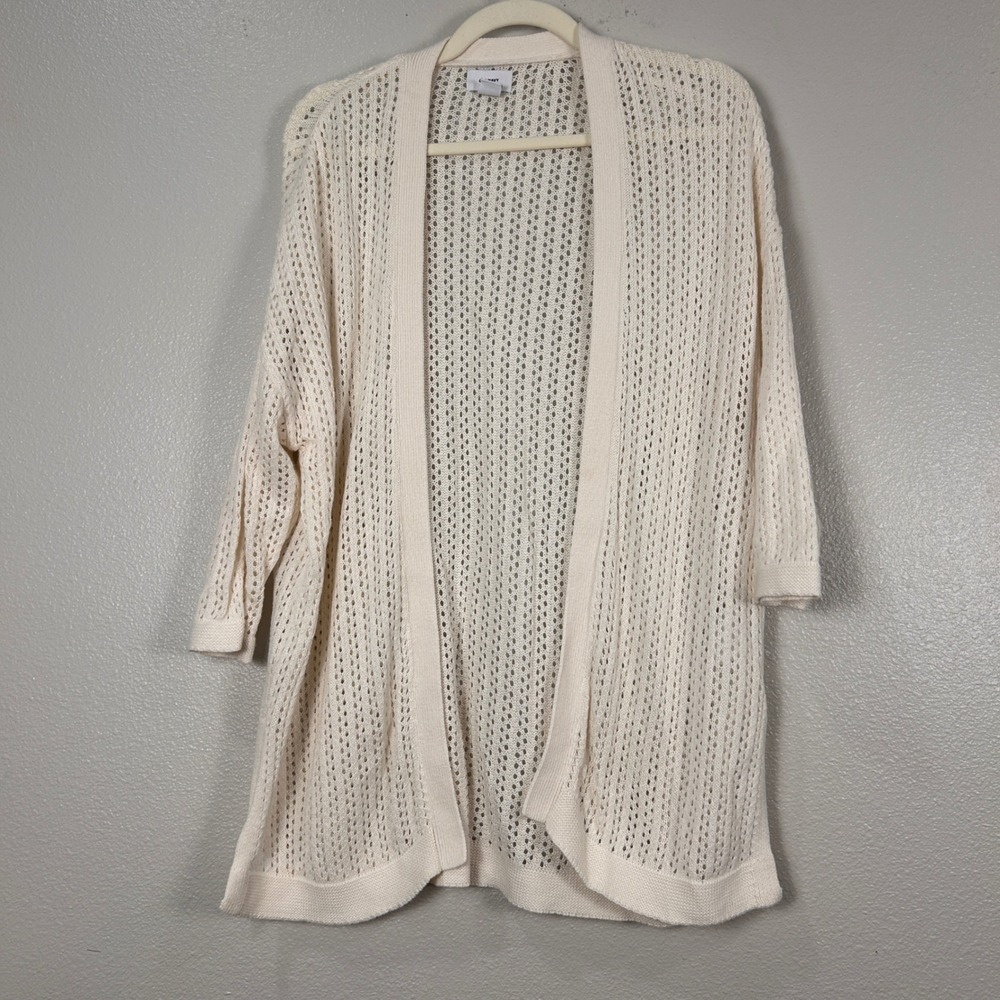 Old Navy Womens Medium Cream Pointelle Crochet Open Front Cardigan 3/4 Sleeve